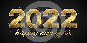 Happy new year 2022. Golden glittering numbers with sequins on a dark background. Christmas cover. Light effect. Festive template