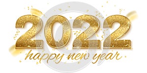 Happy new year 2022. Golden glittering numbers with serpentine and confetti decorations isolated on white background. Festive