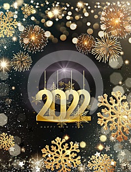 Happy new year 2022 greeting card with fireworks and bokeh lights