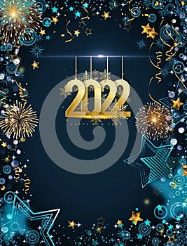 Happy new year 2022 greeting card with fireworks and bokeh lights