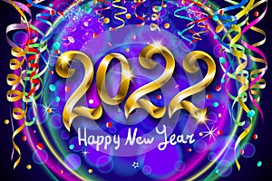 Happy New Year 2022. Hanging golden 3D numbers with golden confetti on a defocused colorful, bokeh background. Holiday greeting