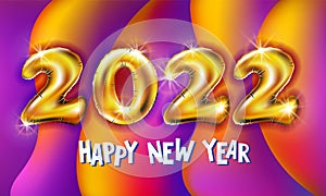 Happy New Year 2022. Holiday vector illustration of golden metallic ballons numbers 2022. Realistic 3d sign. Festive poster or