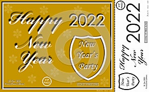 Happy New Year 2022.  Invitation card - New Year`s party. VIP PASS. Gold design of a postcard or ticket. COVID-19 free zone