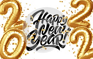 Happy new year 2022 metallic gold foil balloons on a white background. Golden helium balloons number 2022 New Year