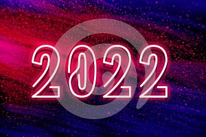 Happy New Year 2022 With Neon Shiny Light On Abstract Bright Background.