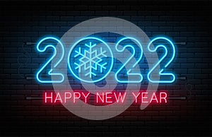 Happy New Year 2022. New Year and Christmas neon signboard with glowing text and numbers. Neon light effect for background, banner