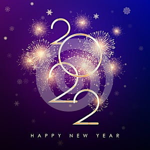 Happy New Year 2022. New Years banner with golden numbers firework and color background. Greeting card text design for banner or