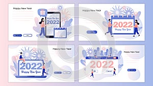 Happy New year 2022 notification. Tiny people celebrate, greeting friends and family. Christmas holiday. Screen template