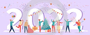 Happy new year 2022. Poster with numbers and party people celebrating eve, tree, gifts and drinks. Winter holiday