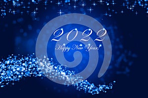 Happy New Year 2022. Sparkling burning numbers Year 2022 with stars and bokeh on blue background
