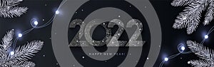 Happy New Year 2022 sparkling design of numbers on dark night sky background for Horizontal poster, greeting card, websiteheader