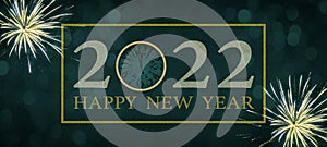 HAPPY NEW YEAR 2022 typography, festive decorative celebration New Year`s Eve Party banner illustration - Golden frame, lettering