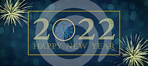 HAPPY NEW YEAR 2022 typography, festive decorative celebration New Year`s Eve Party banner illustration - Golden frame, lettering