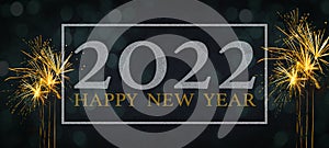 HAPPY NEW YEAR 2022 typography, festive decorative celebration New Year`s Eve Party banner panorama illustration - Golden frame,