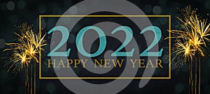 HAPPY NEW YEAR 2022 typography, festive decorative celebration New Year`s Eve Party banner panorama illustration - Golden frame,