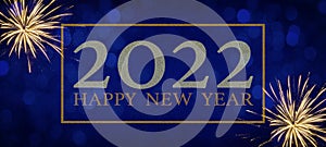 HAPPY NEW YEAR 2022 typography, festive decorative celebration New Year`s Eve Party banner panorama illustration - Golden frame,