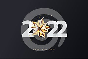 Happy New Year 2022. Vector illustration of paper cut 2022 with sparkling confetti and golden star bow.