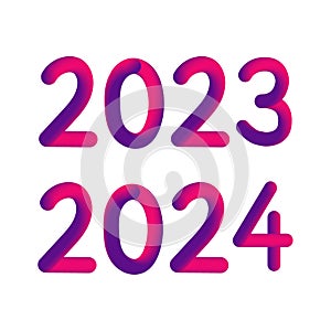 Happy new year 2023 2024 future metaverse neon text neon with metal effect, numbers and futurism lines. Vector greeting