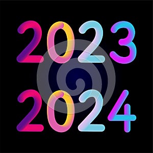 Happy new year 2023 2024 future metaverse neon text neon with metal effect, numbers and futurism lines. Vector greeting card,