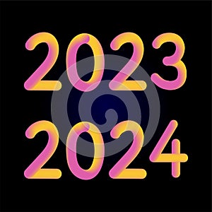 Happy new year 2023 2024 future metaverse neon text neon with metal effect, numbers and futurism lines. Vector greeting card,