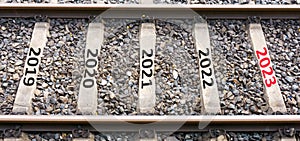 Happy New Year 2023 anniversary concept with the texts on rail.