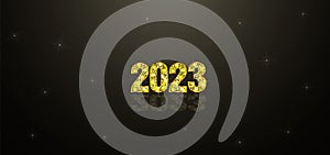 Happy New Year 2023. Background with golden sparkling texture. Gold Numbers 23, 2, 0, 3, 03. Light effect. Vector Illustration for