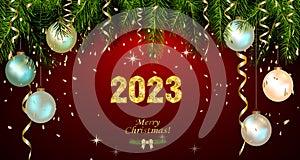 Happy New Year 2023 background with golden sparkling texture. Gold numbers 3, 2, 0, 23 . Postcard with silver, pearly Christmas