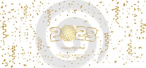 Happy New Year 2023 background with paper cuttings. Gold numbers 1, 2, 23, 3 and snowflake cut from paper for holiday greeting