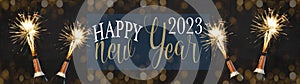 HAPPY NEW YEAR 2023 celebration Silvester New Year`s Eve Party background banner panorama greeting card - Champagne bottles with