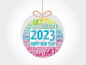 Happy New Year 2023, Christmas ball word cloud, holidays lettering collage