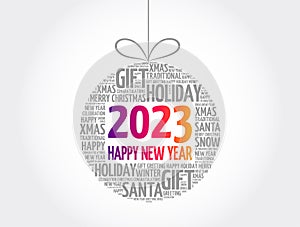Happy New Year 2023, Christmas ball word cloud, holidays lettering collage
