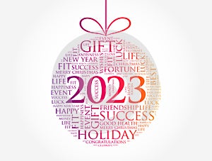 Happy New Year 2023, Christmas ball word cloud, holidays lettering collage