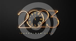 Happy New Year 2023 with clock face and golden glitter sparkles on black background. Realistick Golden metallic numbers
