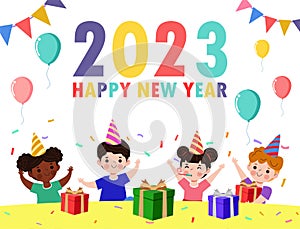 Happy new year 2023, Colorful Merry Christmas kids background, happy children with party HNY, banner Template for advertising