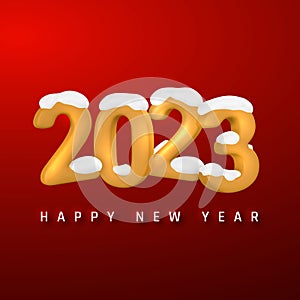 Happy New Year 2023 cover. Yellow numbers 2023 with white snow on red background. Vector illustration