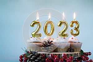 Happy New Year 2023 cupcakes with lighting candles. Merry Christmas and winter season greetings concept. Copy space