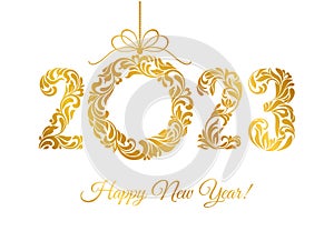 Happy New Year 2023. Decorative Font made of swirls and floral elements. Golden Numbers and Christmas wreath