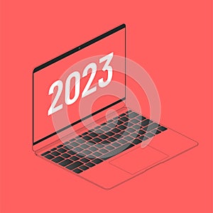 Happy new year 2023 design template. Flat isometric modern notebook laptop illustration
