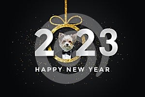 Happy new year 2023 with a Dog, biewer yorkshire