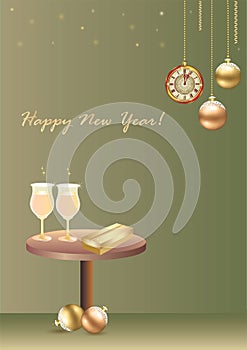 Happy New Year 2023. Festive background with gift box and wineglass on the table decorated with clock and balls.