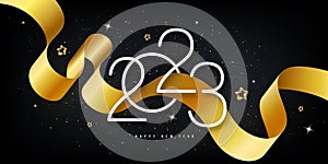 Happy new year 2023. Festive black background with golden numbers, confetti, stars and streamer ribbons.