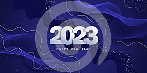 Happy new year 2023. Festive blue background with 3D numbers and glitter.