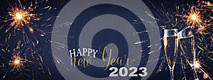 HAPPY NEW YEAR 2023 - Festive silvester background panorama banner long - Golden yellow firework and two champagne classes