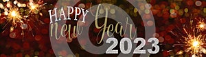 HAPPY NEW YEAR 2023 - Festive silvester background panorama greeting card  banner long - Golden firework and red bokeh light in