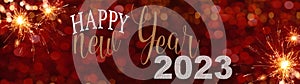 HAPPY NEW YEAR 2023 - Festive silvester background panorama greeting card  banner long - Golden firework and red bokeh light in