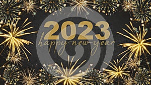 HAPPY NEW YEAR 2023 - Festive silvester New Year`s Eve Party background greeting card - Golden fireworks in the dark black night