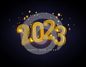 Happy New Year 2023. Festive vector illustration of 2023 golden metallic numbers and sparkling sparkles. Realistic 3d