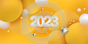 Happy new year 2023. Festive yellow background with 3D spheres and numbers.