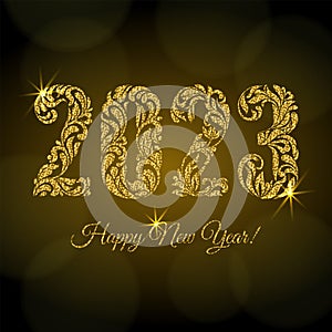 Happy New Year 2023. The figures from a floral ornament with golden glitter and sparks on a dark background with bokeh.