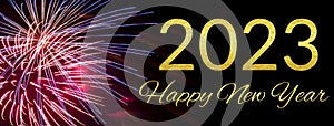 Happy New Year 2023 With Firework And Sparkle On Darkness Night Sky Background.